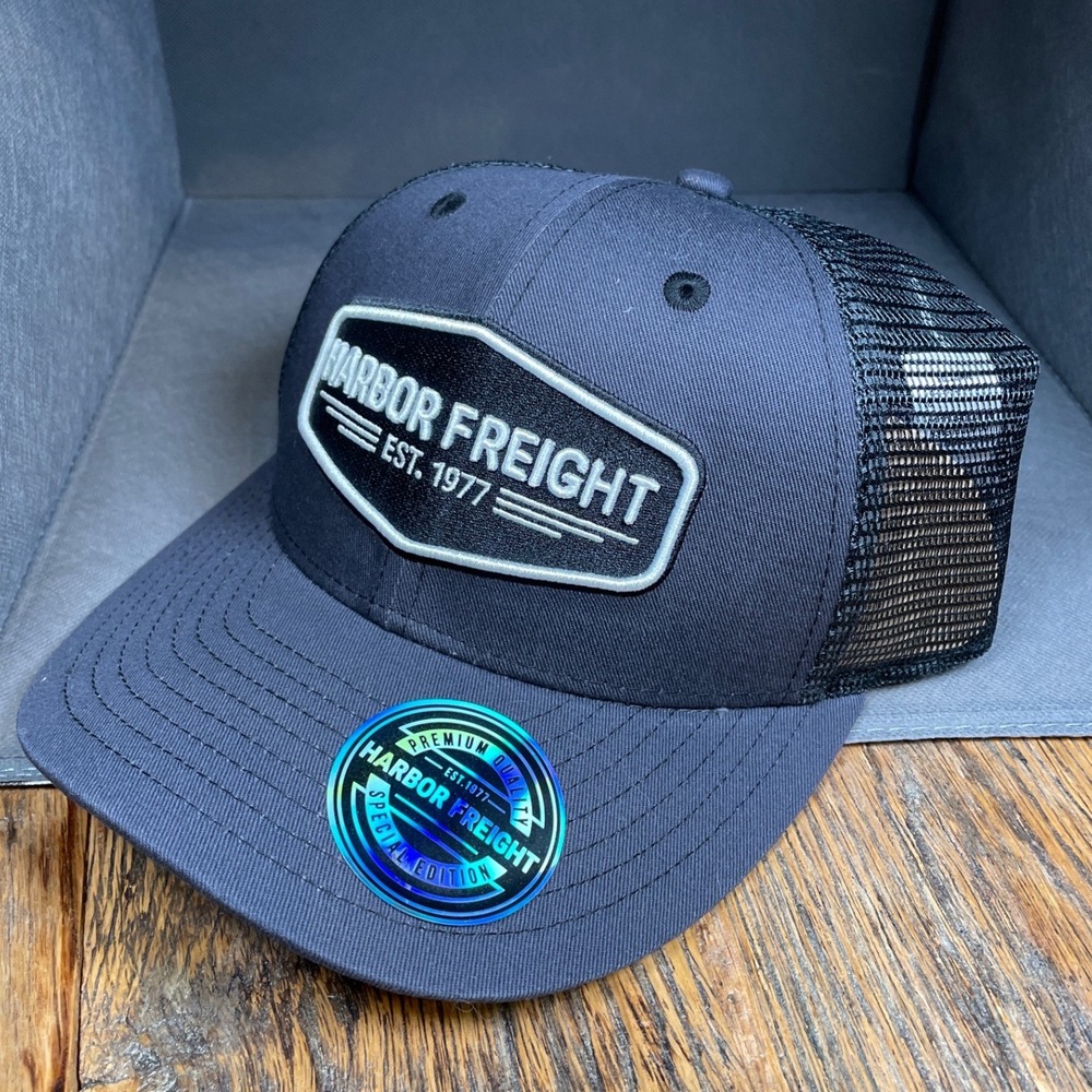 Harbor Freight Tools Trucker Hat Mesh Snapback Navy Blue Grey Est 1977 Patch Cap